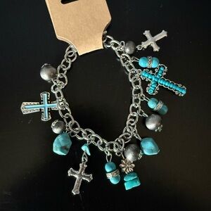 Alloy Pendant Iron Chain Beaded Faux Turquoise Inlaid Drop Oil Cross Bracelet